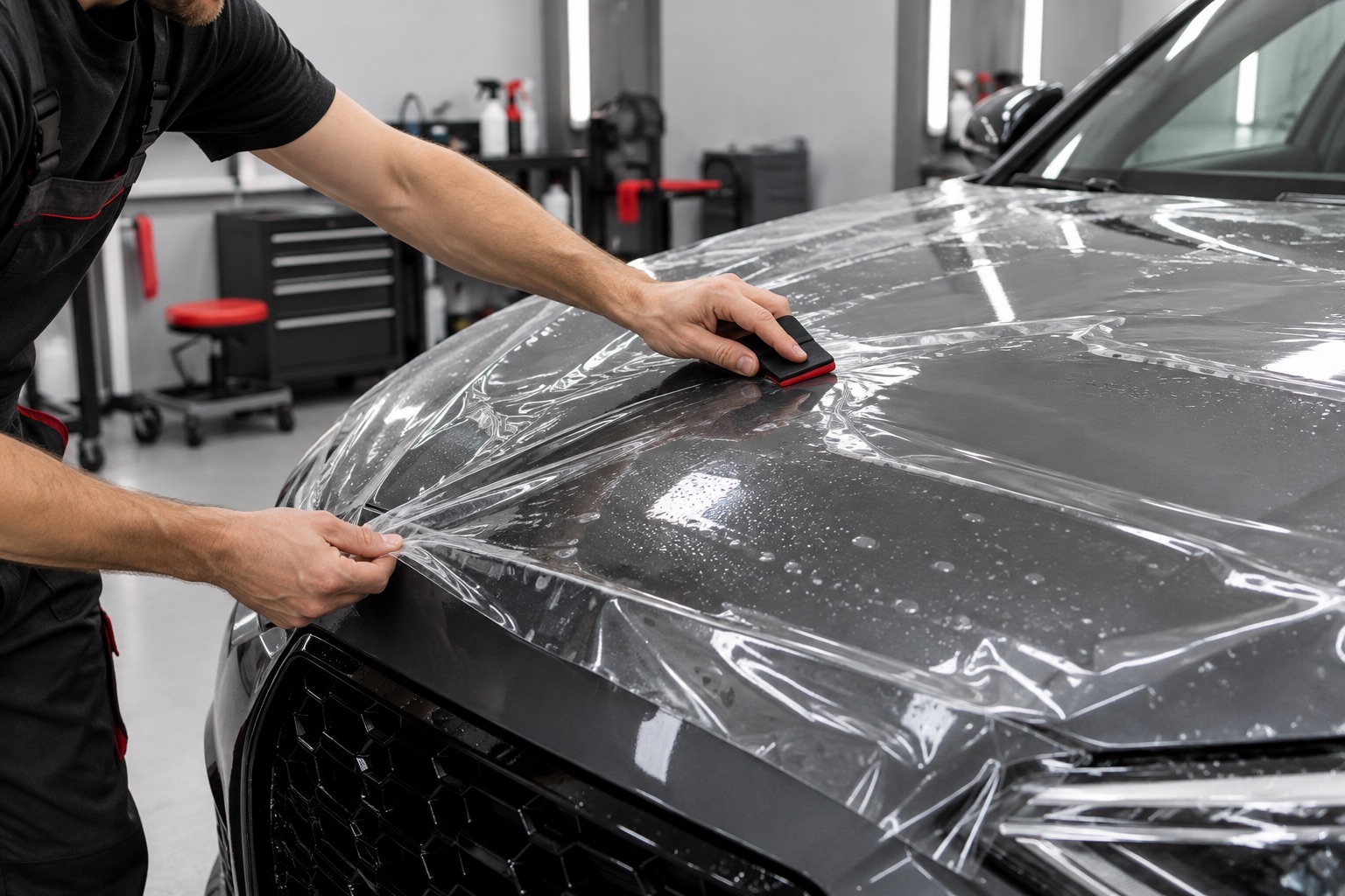 Transparent paint protection film applied to a car panel